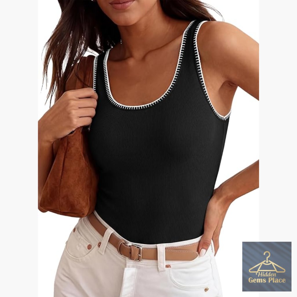 Ribbed Knit Sleeveless Sweater Vest Tank Top Square Neck Casual Summer